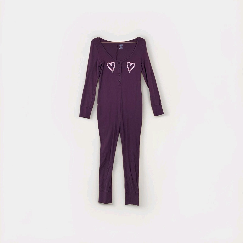 PINK Victoria's Secret Pajama Jumpsuit Womens Medium Candy Cane Hearts One-piece